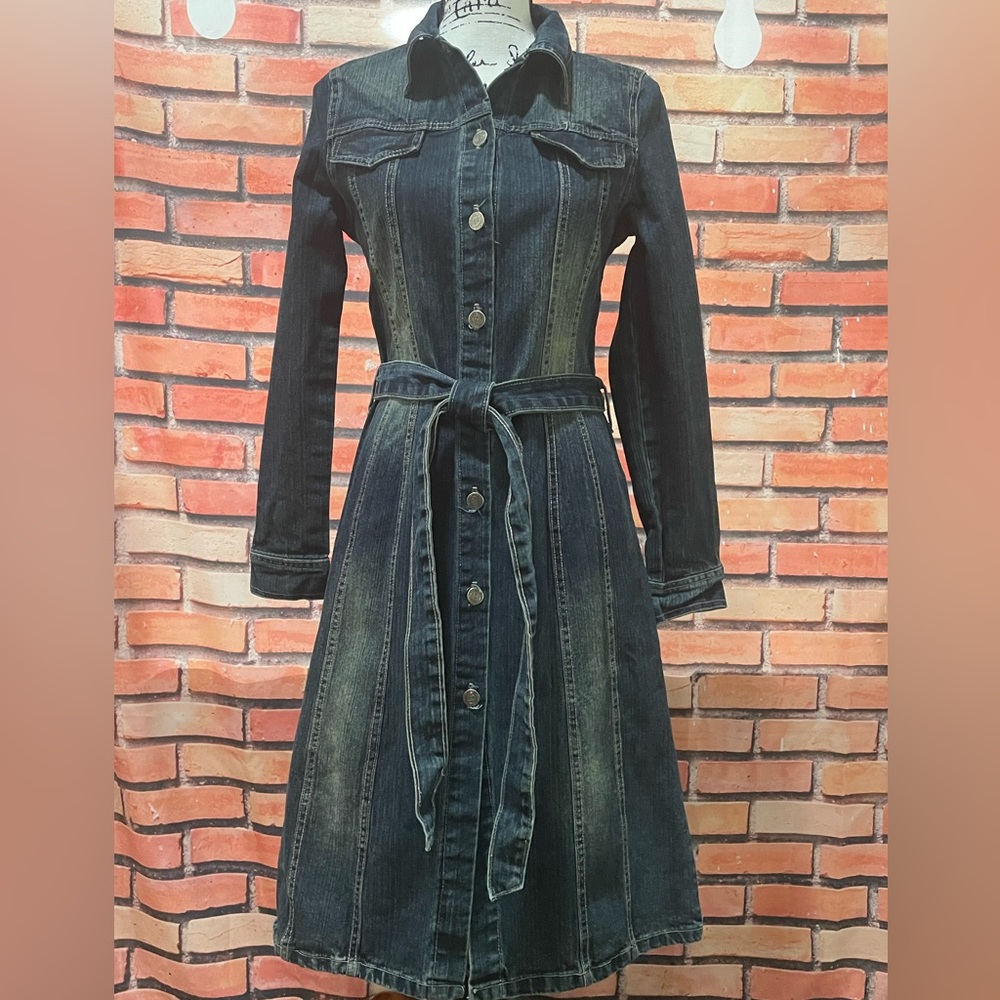Picasso style Jeans USA Denim Belted Long-sleeved Shirt Dress